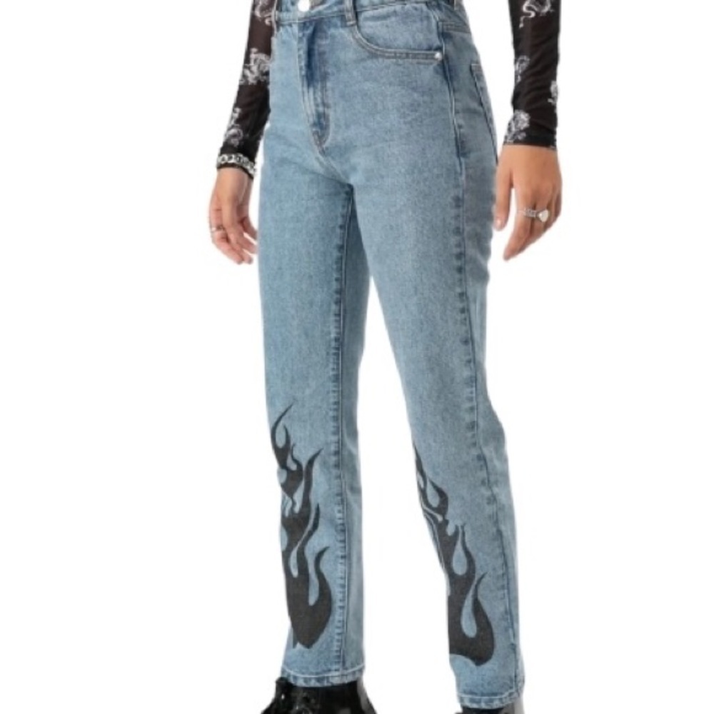 ADIKA High Rise Acid Wash Flames Y2K Retro Jeans M